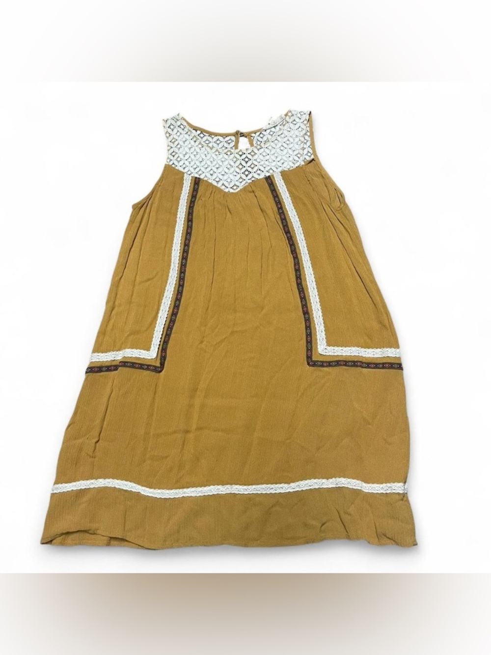 Rewind Mustard Crochet-Yoke Casual Boho Dress